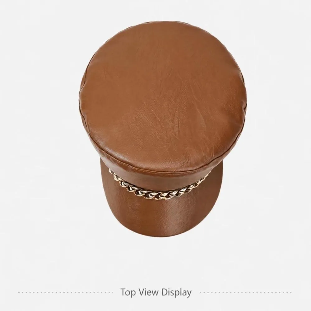 Vintage PU Leather Newsboy Cap Solid Color Chain Decor Flat Top Cap Faux Leather Short Brim Baker Boy Cap Daily Photo Shoot
