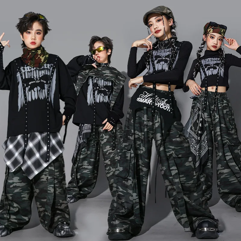 

Kid Hip Hop Dance Clothes Girls Kpop Outfit Jazz Dance Performance Stage Wear Camouflage Trousers Cool Street Dancewear