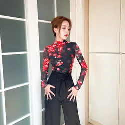 Ballroom Dance Tops Sexy Mesh Long Sleeve Dance Clothes Women Latin Salsa Rumba Chacha Dance Performance Practice Costumes