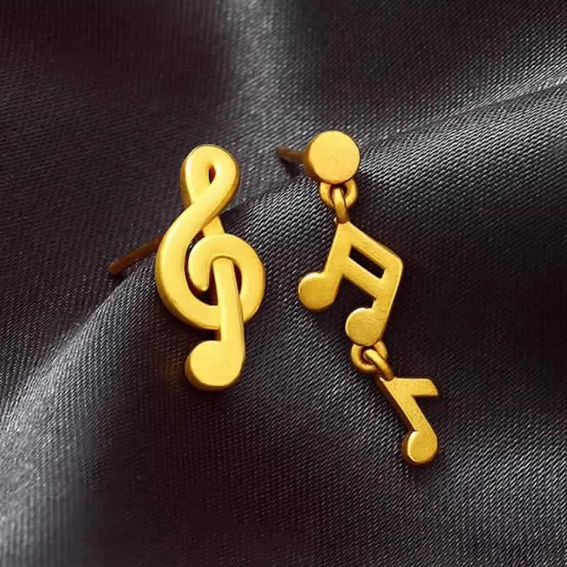 Solid 24K Yellow Gold Earrings Women 999 Gold Music Symbol Dangle Earrings