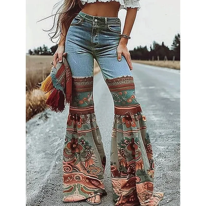 

Modigirl Womens Jeans Pants Autumn Winter Blue Vintage Floral Printed Bottoms with Pockets Woman High-Waisted Flared Pants