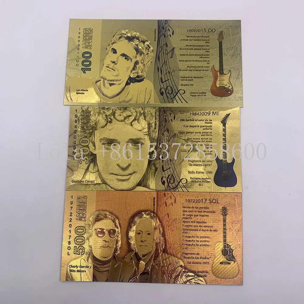 Argentina Gold Banknote Sui Generis , Soda , Almendra 100,300,500 acordes para guitarra Music Golden Tickets Cards collection