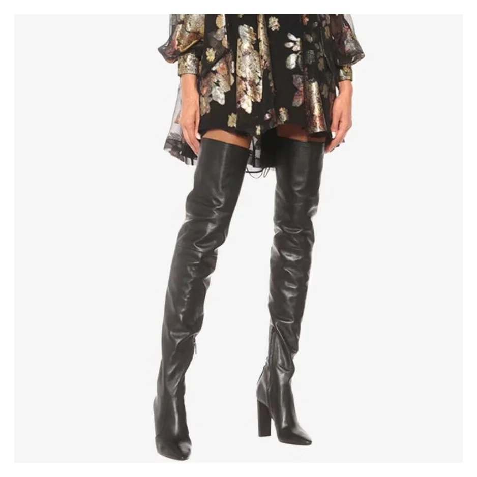 

Over The Knee Fashion Black Leather Back Long Lace Up Super Chunky High Heel Pointed Toe Nightclub Sexy Thigh High Long Boots