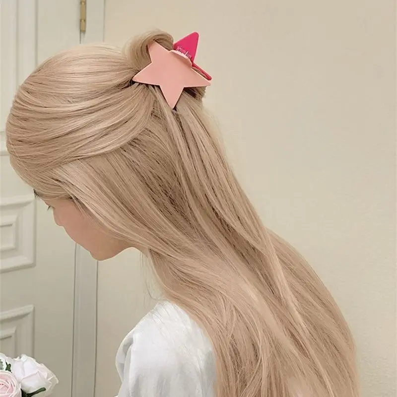 1pc New hair accessory with small design, pink five pointed star clip, contrasting star double-sided braided hair clip