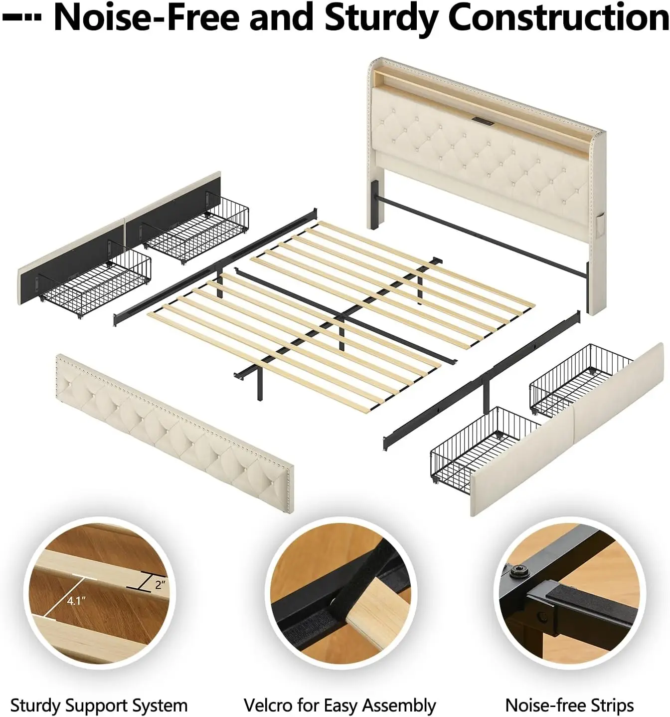 Rangka tempat tidur dengan lampu LED & stasiun pengisian daya USB, tempat tidur Platform berlapis kain beludru dengan Headboard penyimpanan dan 4 laci, bebas bising