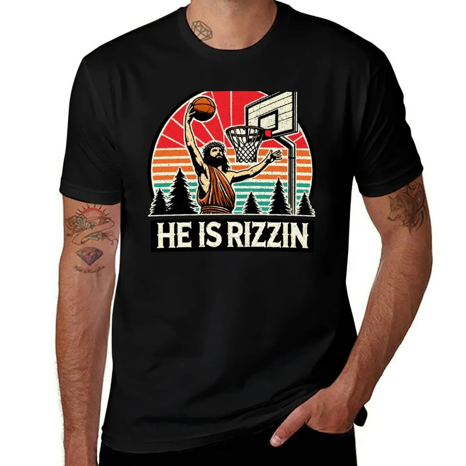 Funny Retro He Is Rizzin Christian Easter Playing Basketball T-Shirt Soft Cotton Print T-Shirt