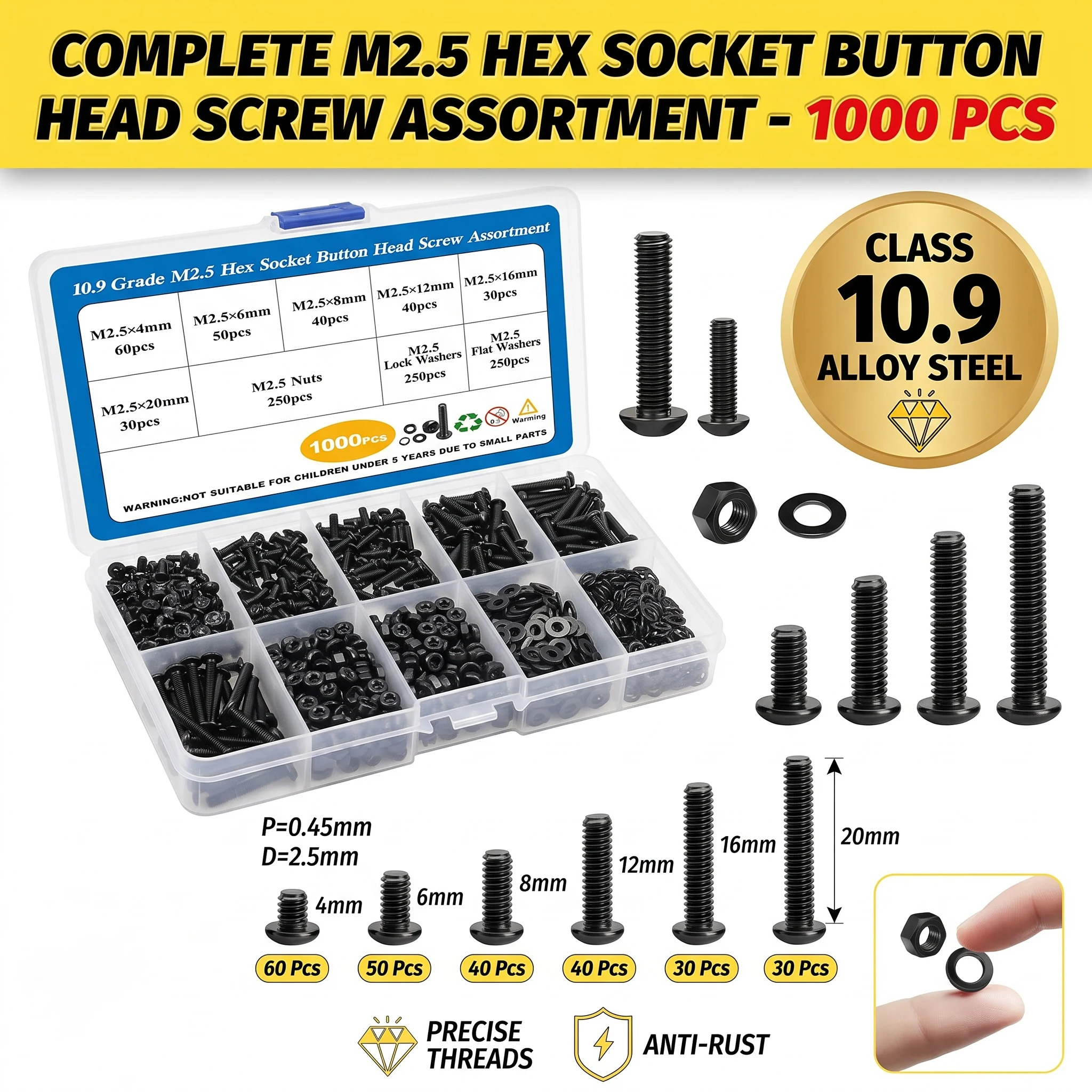 1000Pcs M2.5 Hex Socket Button Head Screws Assortment Kit Grade 10.9 Alloy Steel Black Allen Bolt Nut and Washer Set for 3D Prin
