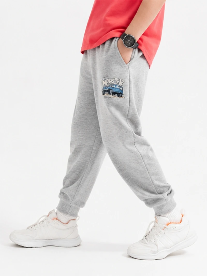 Cartoon Monster Truck Boys Sweatpants, Cute Vehicle Print Light‑Weight Cotton Elastic‑Waist Pants For Kids 3‑14 Years Old