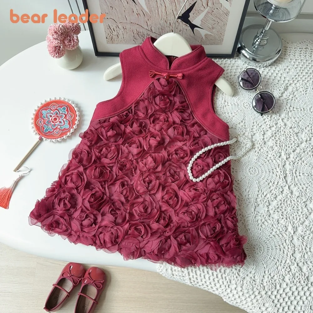 

Bear Leader Winter New Chinese Style Rose Cheongsam Sweet and Cute Girls' Dresses Red New Year and Christmas Sleeveless Dress