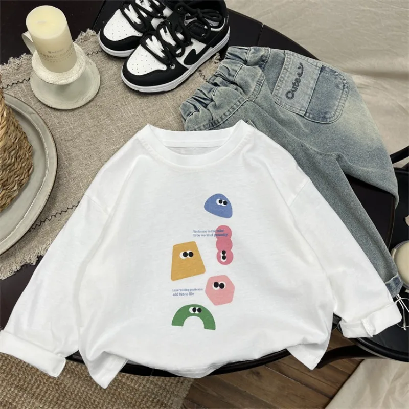 

Boys Girls T-shirts 2025 Spring Autumn Cotton Long-Sleeve Cartoon Print Kids Clothes White Versatile Stylish Base Layer
