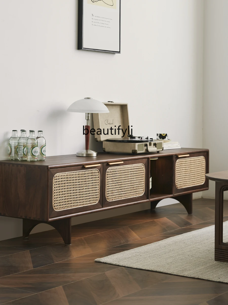 Rattan TV cabinet Nordic solid wood black walnut audio-visual cabinet medieval retro furniture