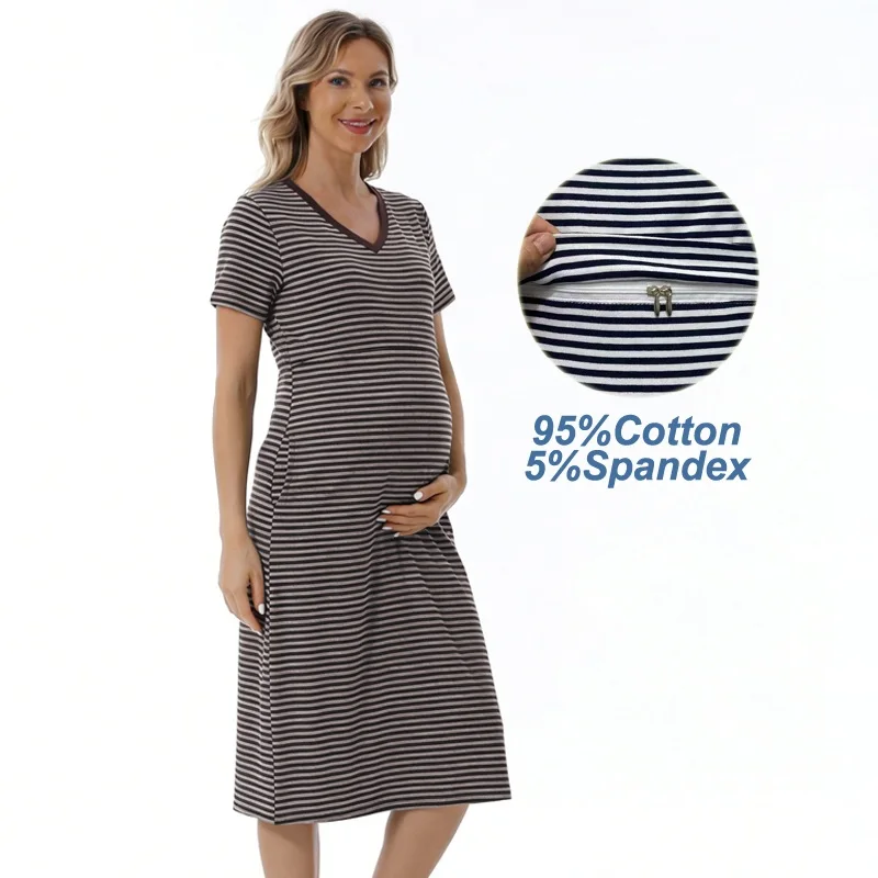 

Cotton Stripe Maternity Nursing Dress V-neck Short Sleeve Comfortable Postpartum Breastfeeding Dress for Women