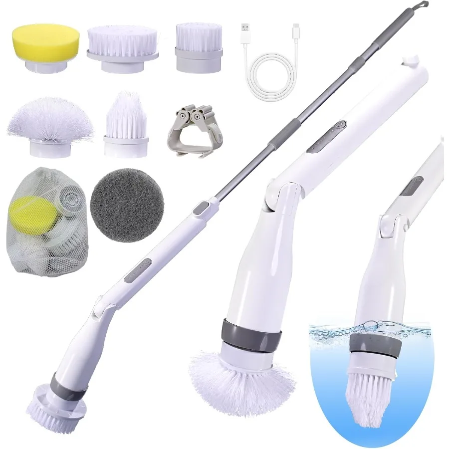 

Электрический скруббер IPX7, водонепроницаемая щетка для чистки душа с 8 сменными насадками, выдвижная длинная ручка и 2 регулируемами