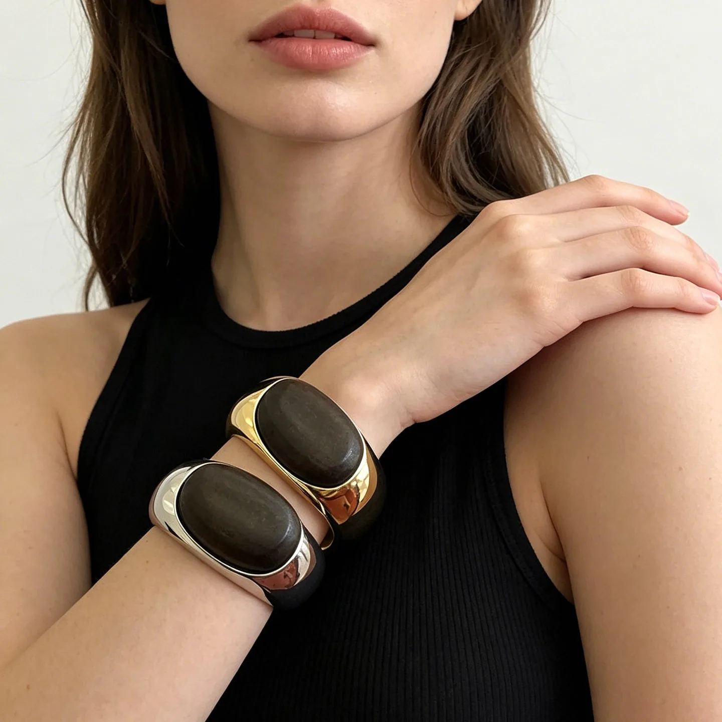 Wind exaggerated heavy industry metal spell wood wide version open bracelet men and women niche light luxury retro couple bracel