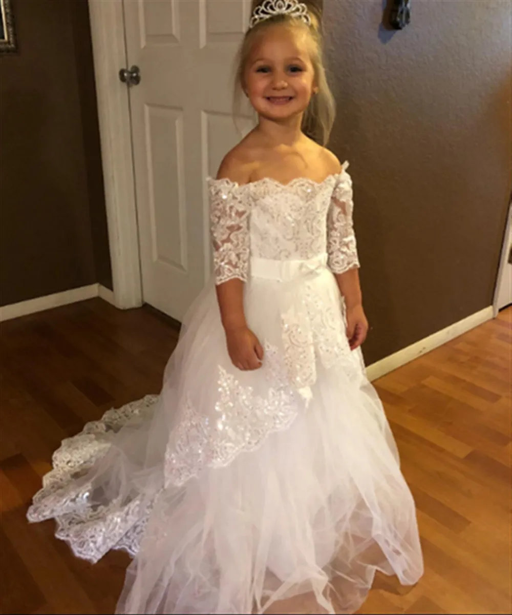Elegant Flower Girl Wedding Dress Appliques Lace Off Shoulder Half Sleeves Bow Belt Kids Birthday Party First Communion Gown