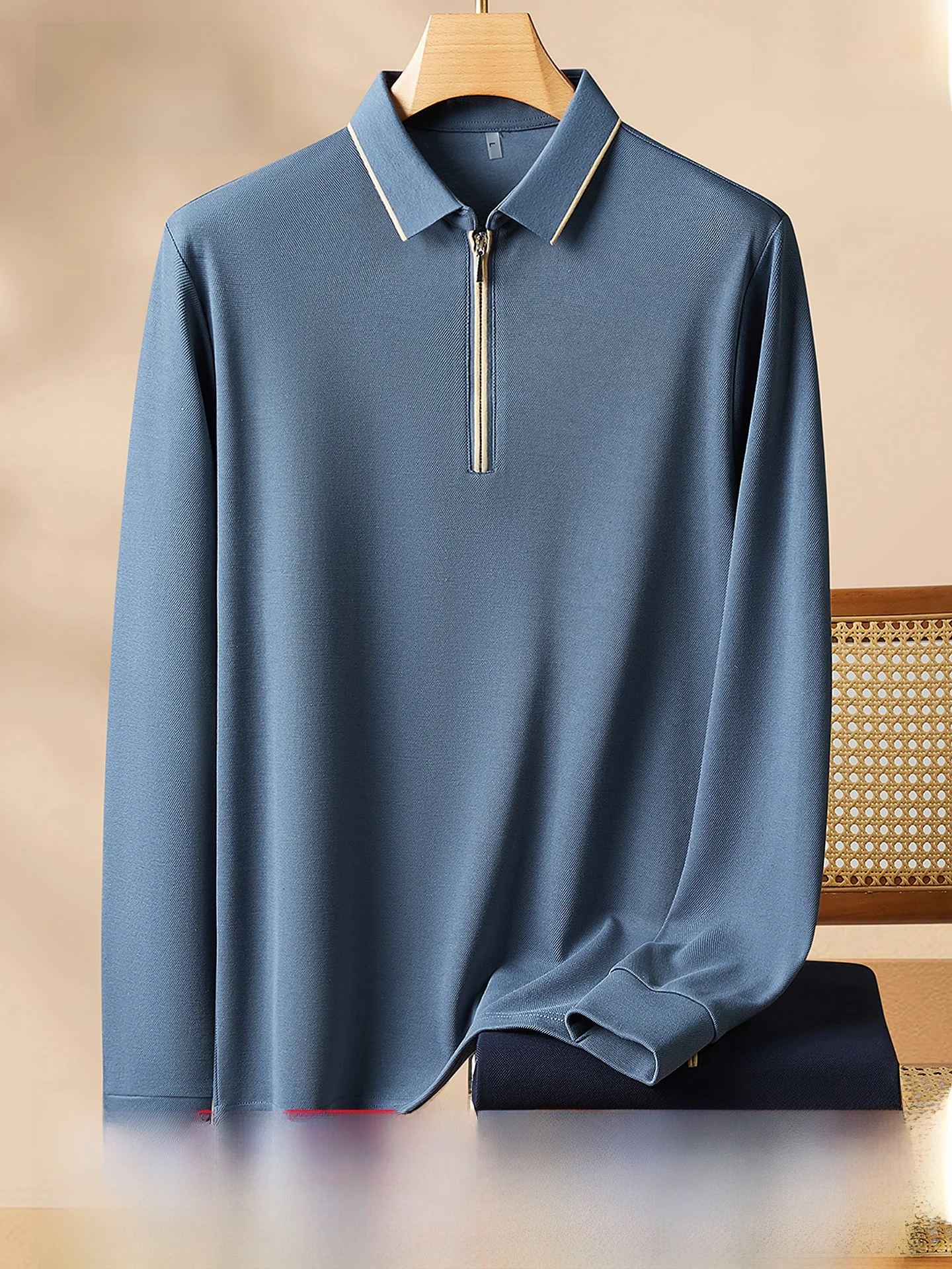 Hengyuanxiang Men's Long Sleeve  Shirt Spring Autumn Half Zipper Collar T-Shirt Middle-aged Dad Silk Polyester Cotton Blend