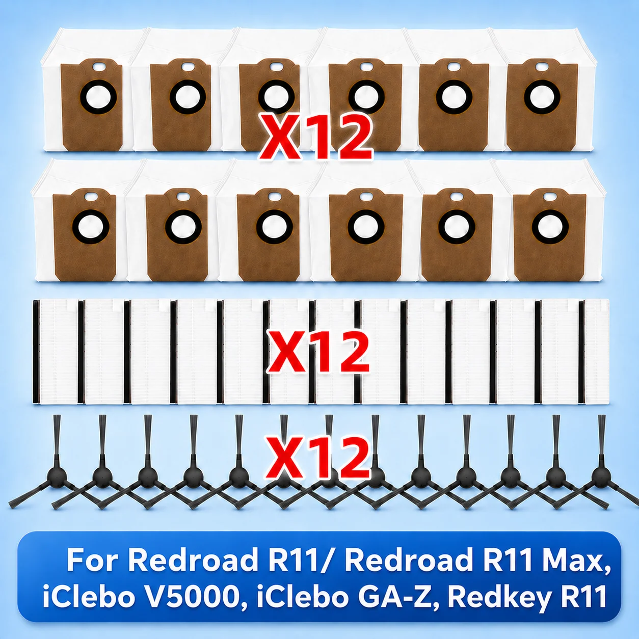 Kompatibel mit ( Redroad R11/ R11 Max, iClebo V5000, iClebo GA-Z, Redkey R11 ) Staubsauger-Ersatzteile, Bürste, HEPA-Filter, Staubbeutel und Zubehör