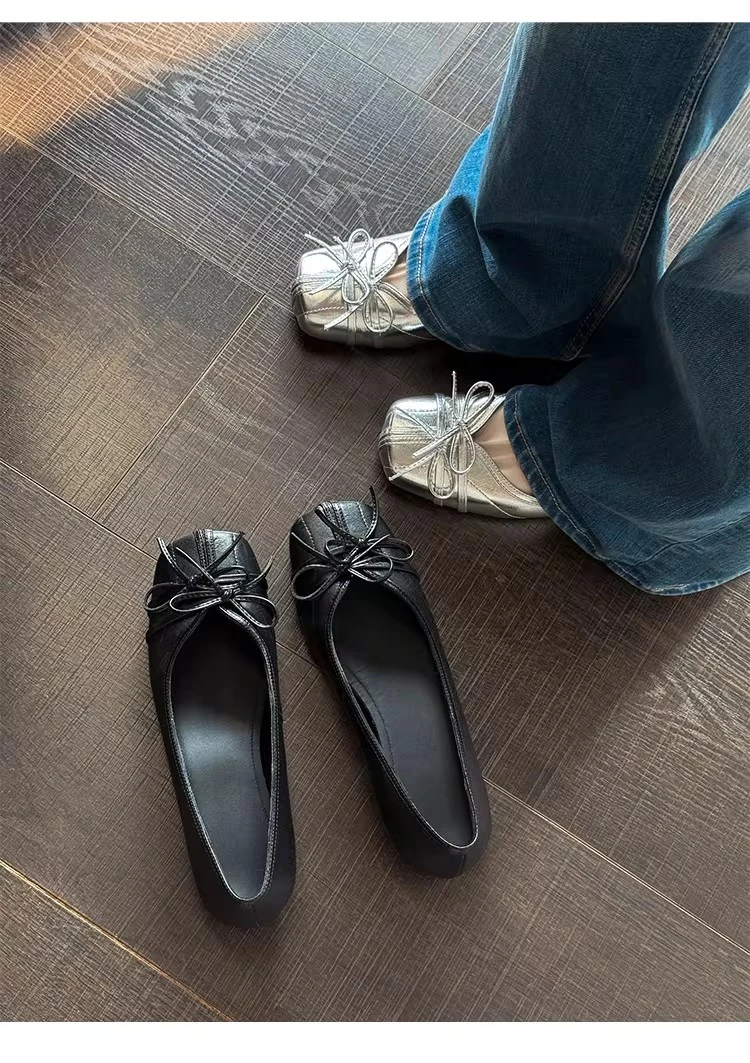 Französische Schleifenballerinas für Damen 2026 – Neues Design, Nischen-Flachschuhe mit eckiger Spitze