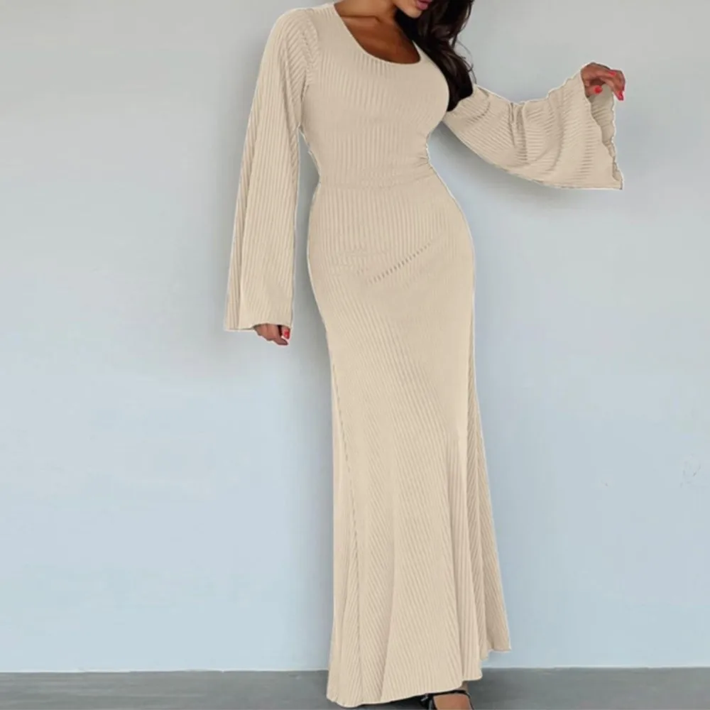 Fashion Solid Ribbed Back Lace-Up Straps Maxi Dress Female Long Sleeve Slim Bandage Spring Autumn Women Dresses 2024 New Color