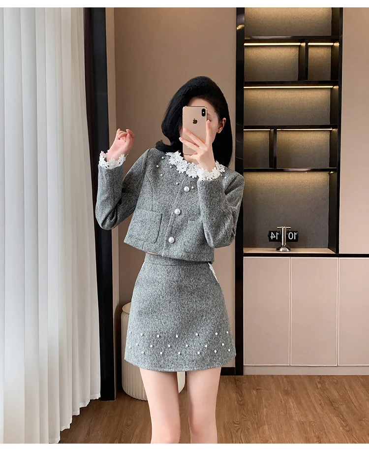 Autumn Winter Fashion Tweed Two Piece Set New Women Sweet Lace O-Neck Single Breasted Short Coat+Mini A Line Skirt Elegant Suits