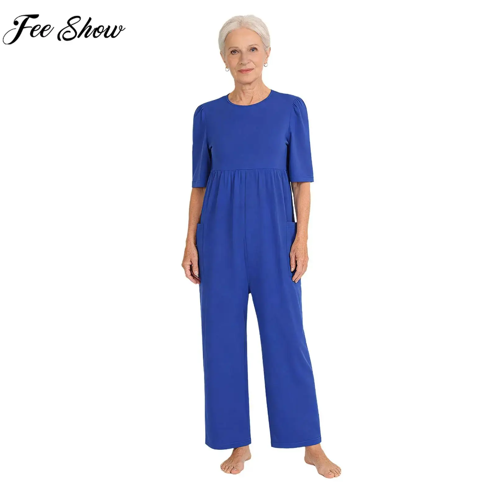 Women Elderly Special Need Adaptive Clothing Short Sleeve Back Zipper Anti-Strip Jumpsuit with Pockets for Alzheimer Dementia