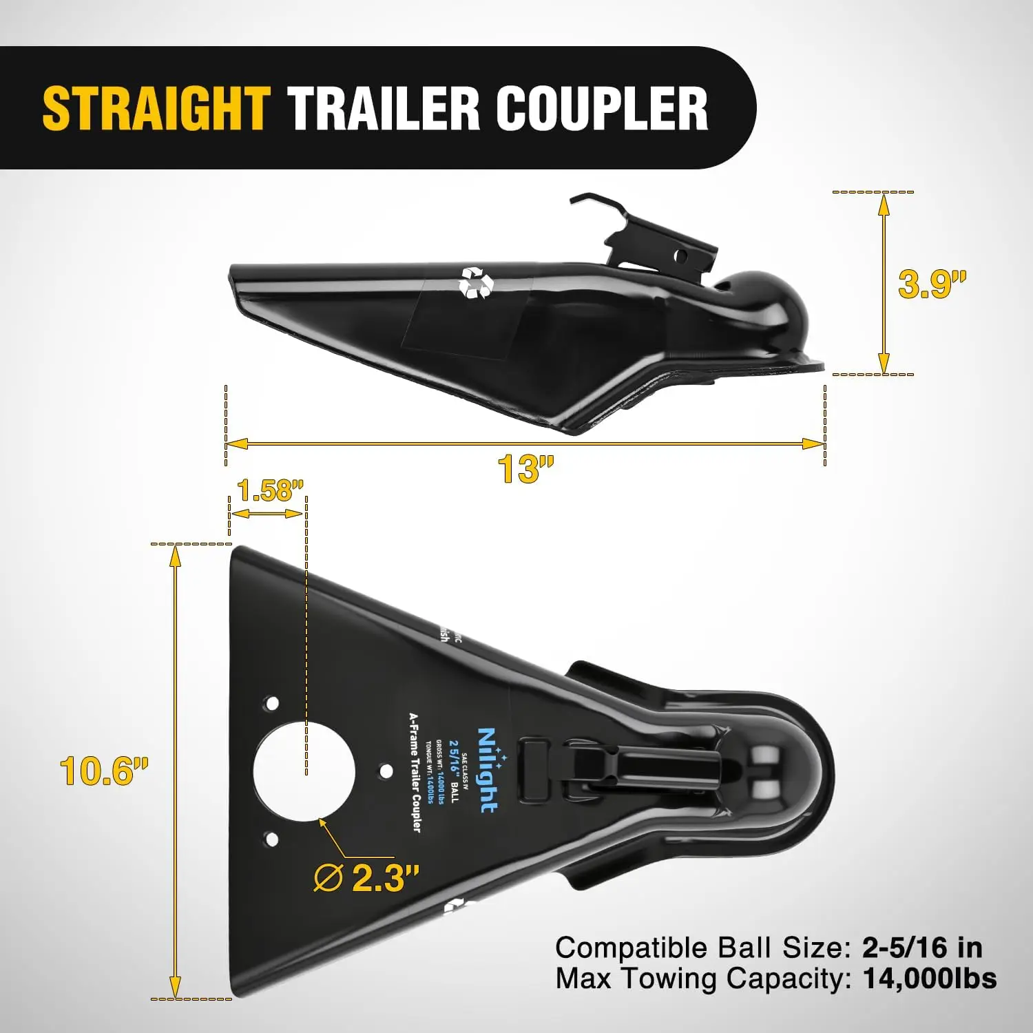 Nilight 14,000LBS A-Frame Trailer Coupler fits 2-5/16 Inch Hitch Ball for Towing RV, Boat, Camper, Class IV, Powder Coated Black