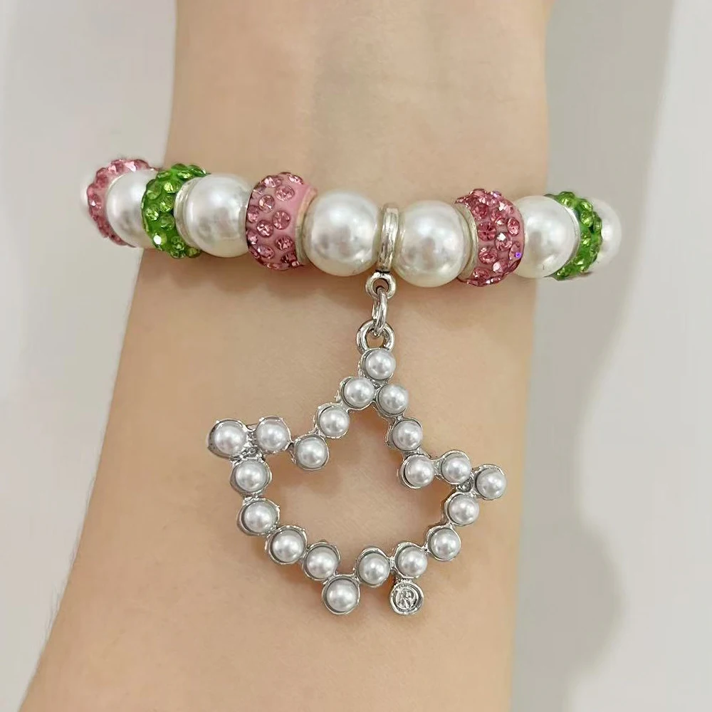 Delicate pink green sisters club symbol ivy letter charm elastic bracelet