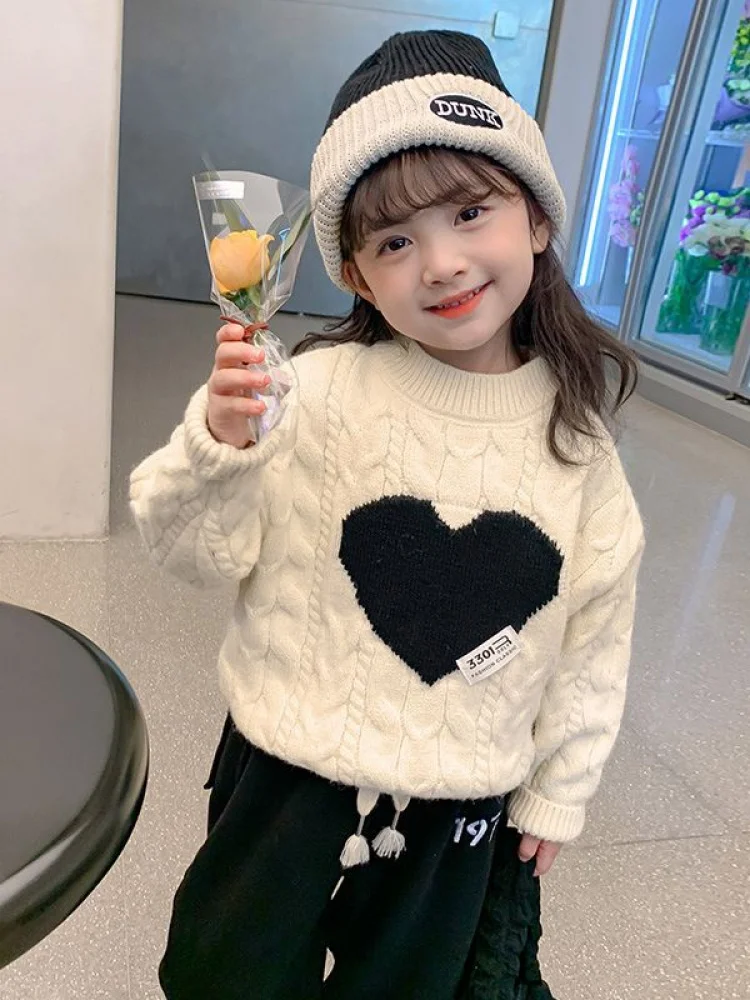 الفتيات البلوز Sweater2023New الربيع والخريف الكورية نمط الأطفال المألوف فتاة صغيرة القلب أعلى الأطفال محبوك Sw #4