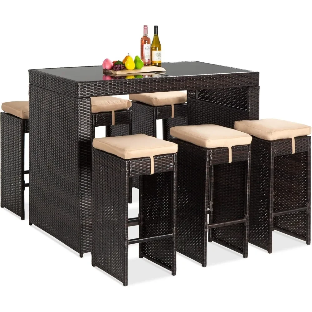 Outdoor Wicker Bar Dining Set, Mobília do pátio do Rattan para o quintal, Mesa de vidro, Removível, 6 fezes, 7 pcs