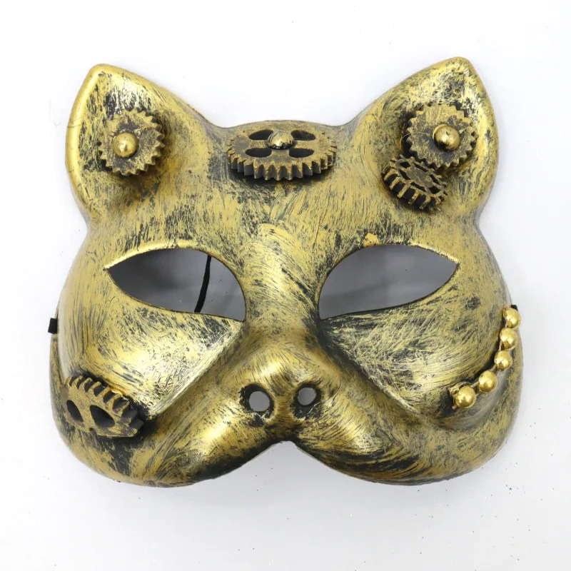 男性と女性のためのパンクスタイルのハーフフェイスマスク,コスプレ衣装,猫のフェイスマスク,装飾的な帽子,金と銀