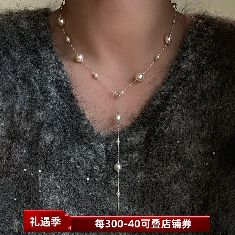 Sterling silver gypsy pearl long sweater necklace accessories women's autumn and winter design niche stacked neck chain