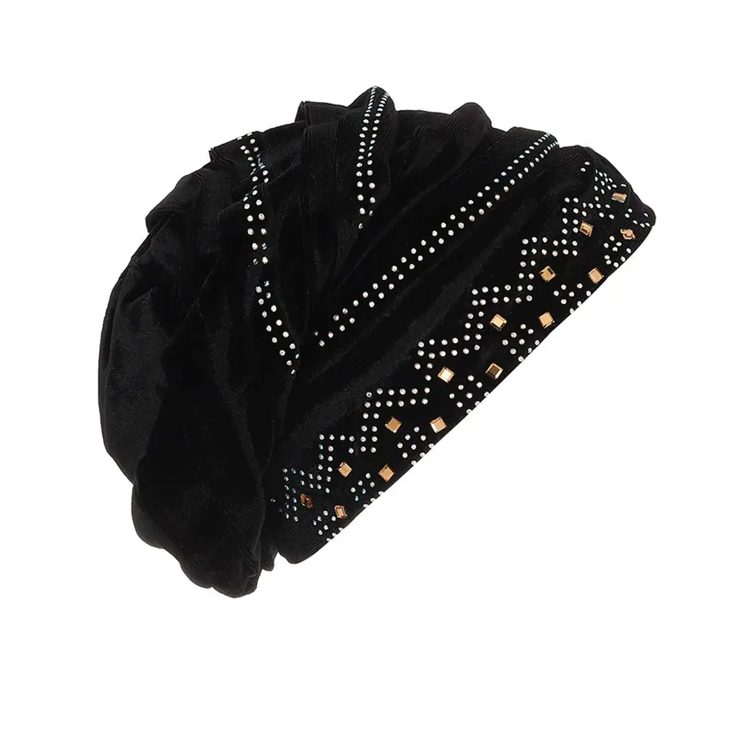 Velvet Cap Turban Shower Wide Sparkly Sleep Crystal Muslim Hijab Hat Headwear Beanie Pre-Tied Bonnet Hair Wrap For Women