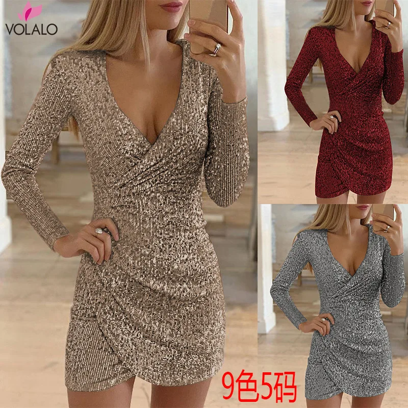 

VOLALO 2024 New Europe And The United States Autumn Sexy V Collar Hip Irregular Dress Women Sequined V Neck Dresses