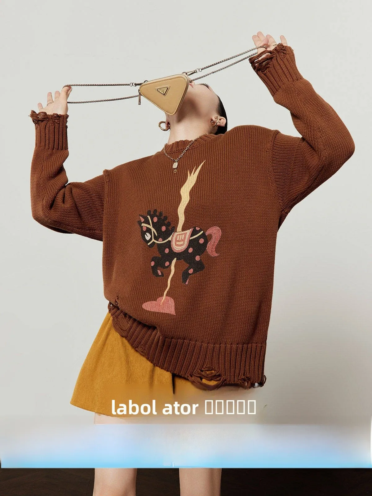 

Кофейный вязаный свитер женский с ретро-принтом, повседневный, с длинным рукавом, круглым вырезом, пуловер, стандартный крой, модный, весенняя новинка