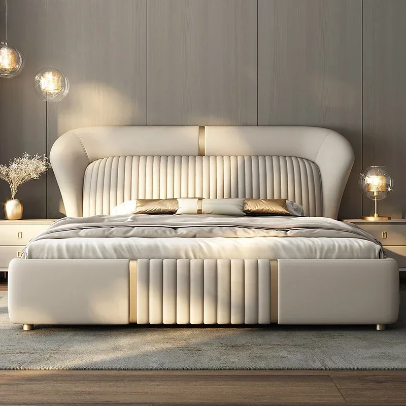 Oro 200 × 180 Letto matrimoniale portaoggetti in pelle di lusso Grandi letti per camera da letto dell'hotel King Adults Modern White Camas De Dormitorio Mobili