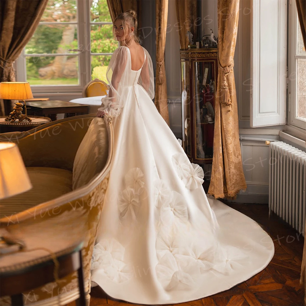 Vestidos de noiva de princesa para mulheres, querida 3D flores, manga longa, vestidos de noiva sem costas, Boda moderno