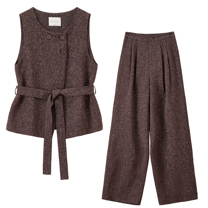 أطقم بناطيل تويد نسائية من SENTUBILA سترة برقبة دائرية وخصر مطاطي وبنطلون مستقيم الساق لخريف 2025 طقم مكون من قطعتين 153ZA2726