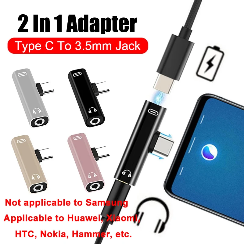 2 IN1 Type C To 3.5mm Jack Earphone Charging Cable Audio Converter OTG Adapter for Xiaomi Huawei Tablet