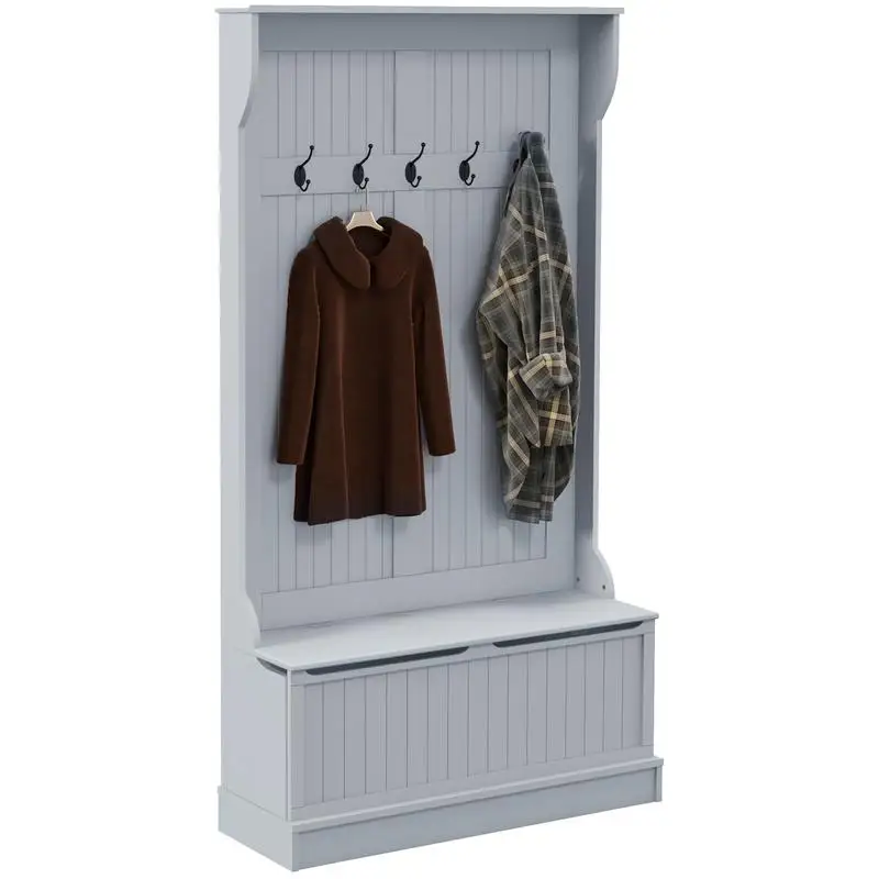 

38" 3-in-1 Entryway Hall Tree with Storage Bench, Coat Rack with 4 Hooks, and Shoe Storage in Gray Finish