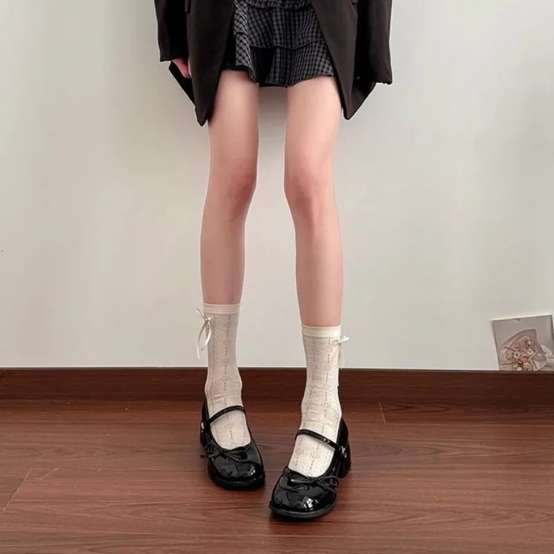 Women French Ballet Mary Jane Shoes Fashion with Bow Casual Leather Shoes Patent Leather Thick Heel Shoes Sandalias Mujer Verano