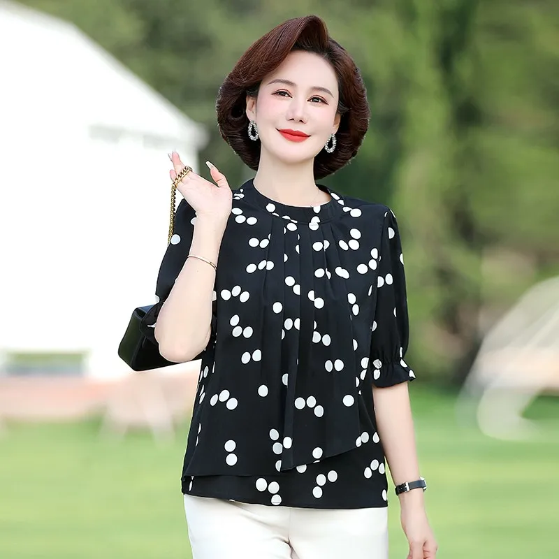 Fashion Commute Round Neck Polka Dot Chiffon Shirt Summer New Casual Korean FemaleSpliced Short sleeved Blouse Women\'s Clothing