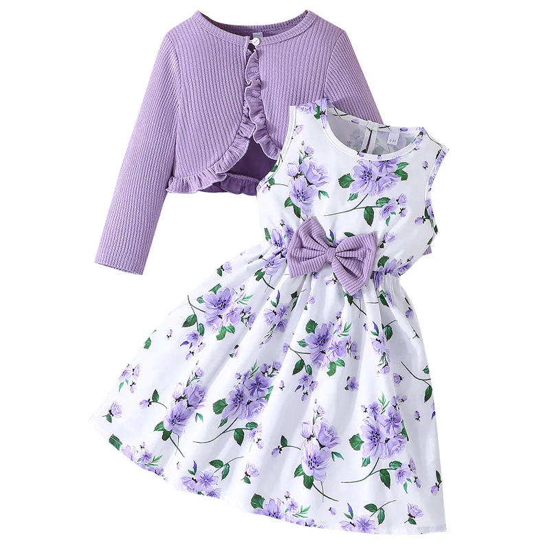 Spring Summer Toddler Girl Clothes Fashion Cute Long Sleeve Cotton Coat+Flower Baby Dresses Kids Clothing Children\'s Sets BC1437