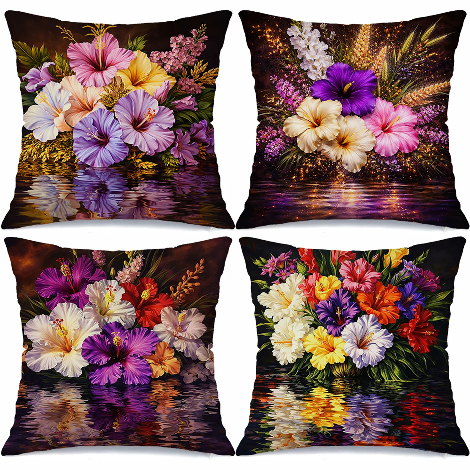 Exotic Tropical Flower Pillow Covers, Bold Colorful Floral Water Reflection Art Decorative Throw Pillow Cases Opulent Home Decor
