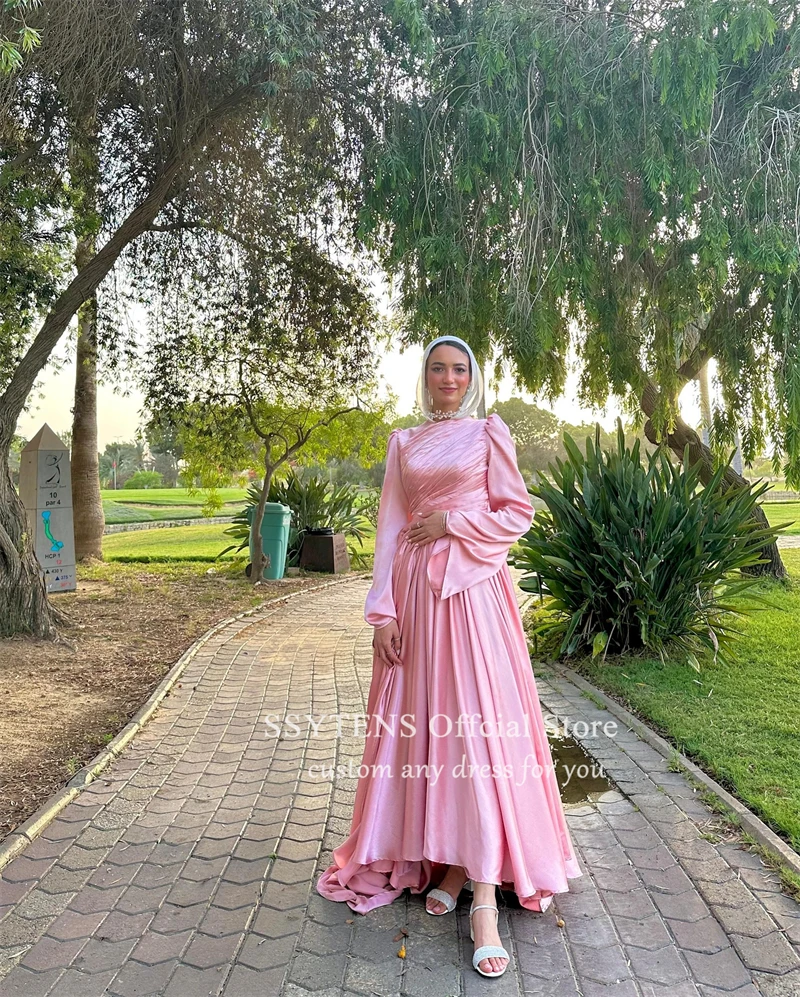 SSYTENS Elegant Pink Muslim Formal Evening Dresses Robes De Soiree Dubai Arabic Party Prom Gowns Saudi Long Sleeves For Women