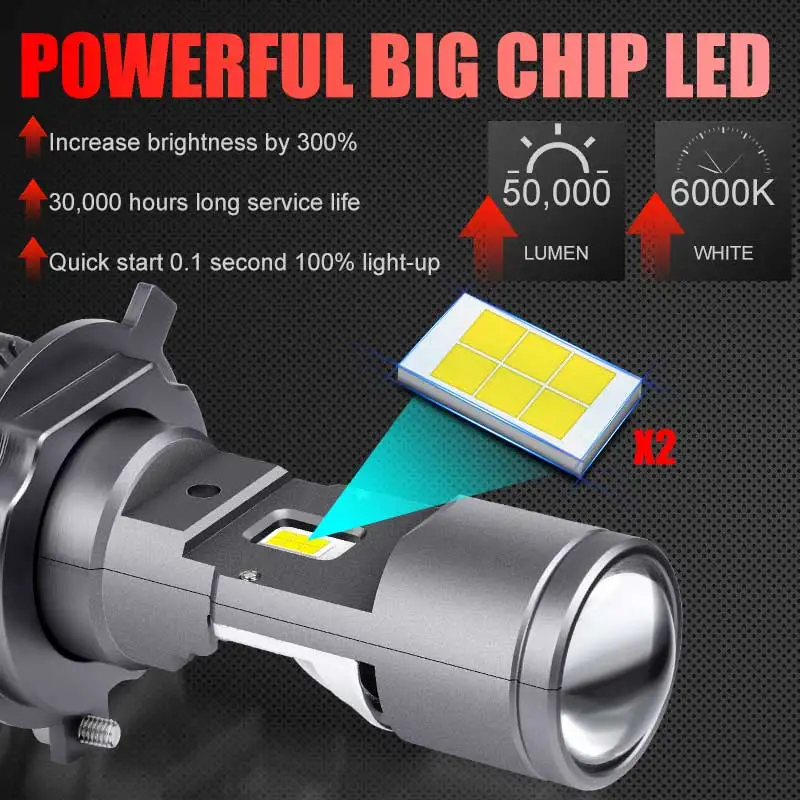 100W 50000LM H4 LED Projector Car Motorcycle Headlight Bi LED Mini Lens Projector H4 Mini Projector Lens Headlamp LHD RHD 12V