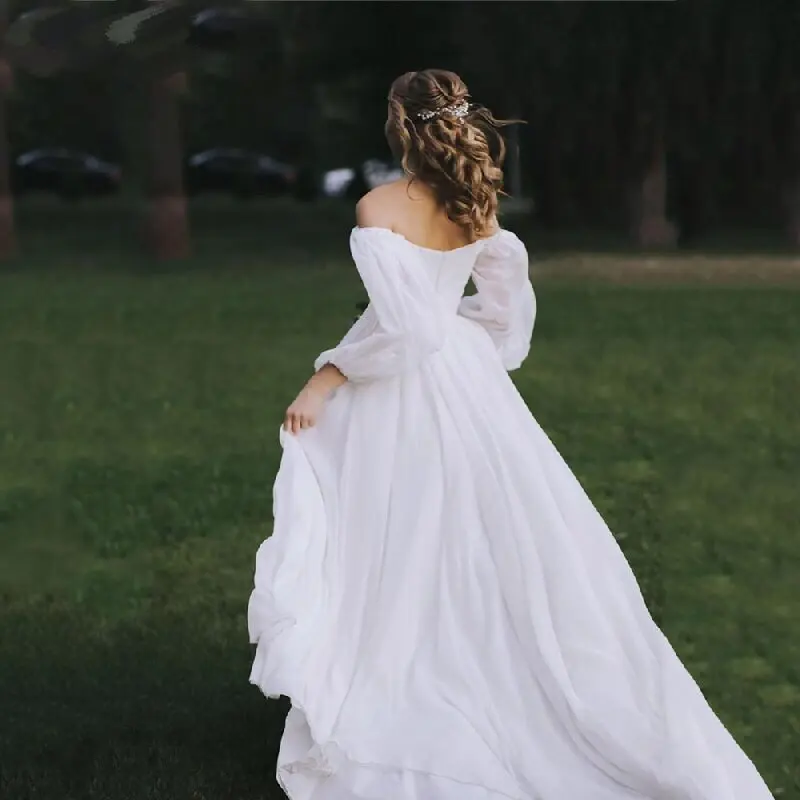 Vestido De Novia De gasa con hombros descubiertos, traje elegante con cuello en V, mangas largas De linterna, Espalda descubierta, línea A, para playa