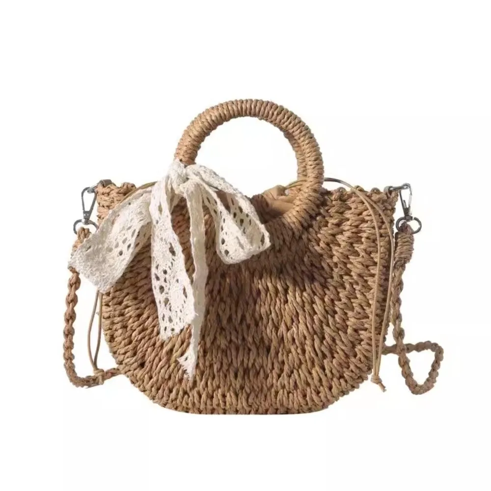 

Повседневная тканая соломенная сумка на шнурке, полая сумка из ротанга, кружевная сумка через плечо с бантом, летняя сумка