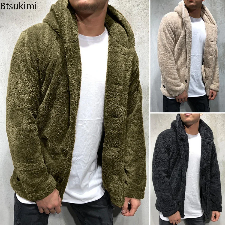 2024 Men's Warm Fleece Hoodie Coats Jacket Autumn Winter Solid Casual Long Sleeve Thicken Hooded Coat for Men Warm Coat Outwear