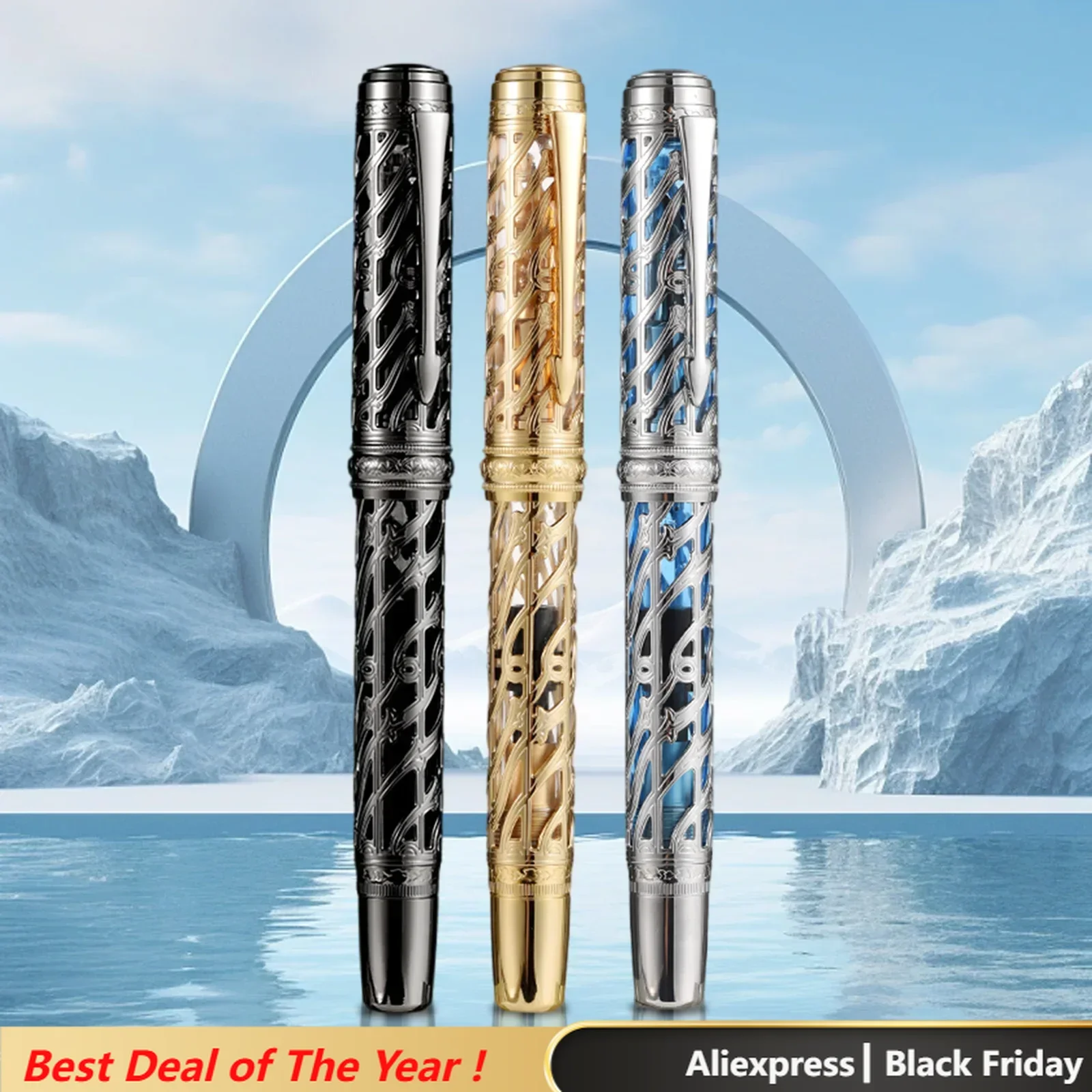 Hongdian A6 Piston Fountain Pen Skeleton Hollow Resin and Metal Writing Pen EF/F Nib School Office Gift Pen