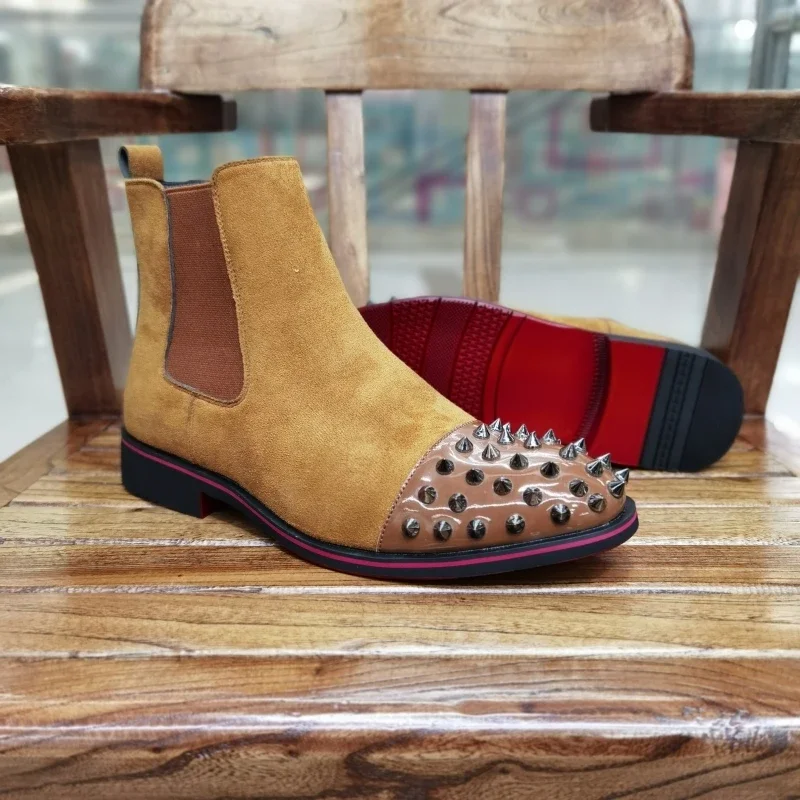 New Red Sole Men Chelsea Boots Rivet Square Toe Flock Slip-On Business Men Short Boots Botas De Hombre Men Boots